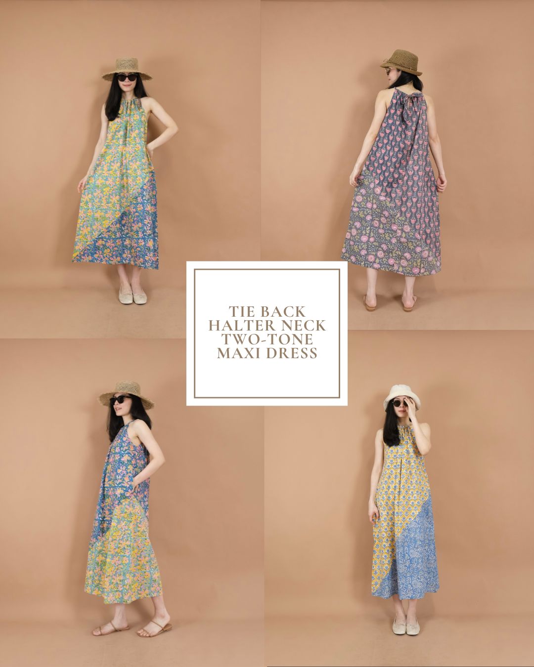Tie Back Halter Neck Two-Tone Maxi Dress